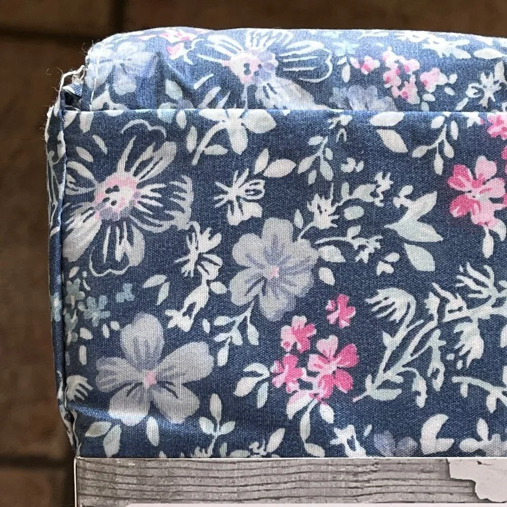 The FARMHOUSE Shabby Chic RUFFLED BLUE PINK FLORAL QUEEN Sheet Set  (BLUE BKGD) - Picture 7 of 8